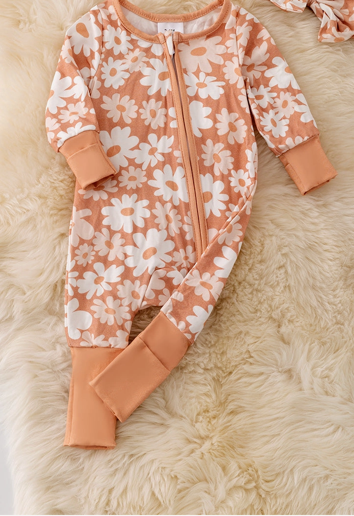 PREORDER floral printed convertible footie romper w/ matching headband