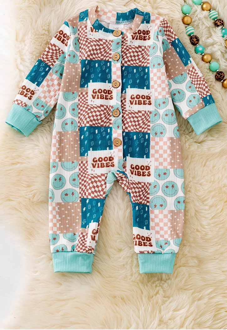 PREORDER button up good vibes baby romper
