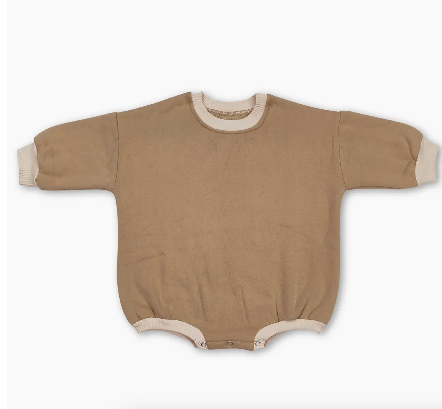 PREORDER khaki cotton long sleeve baby sweat romper