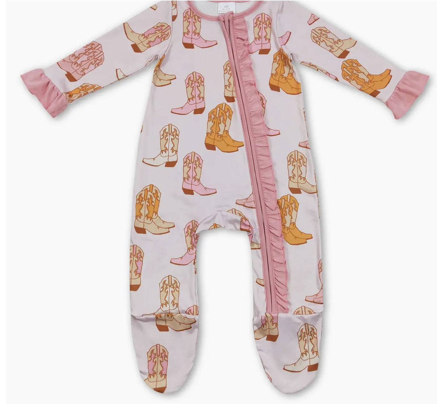 PREORDER pink ruffle boots western baby footed zipper coveralls