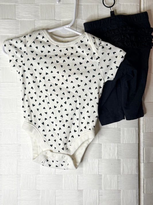 0-3M Heart onesie with Black ruffle pants