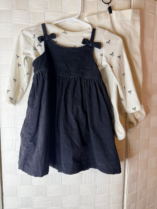 6-9M Black Dress with Long Sleeve Bow shirt and tights