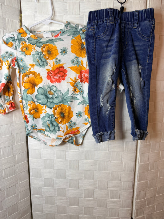 9-12M Long Sleeve Flower Print Shirt with Jeans