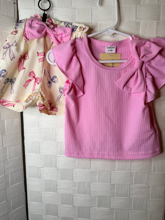 9-12M Pink Short Sleeve Shirt with Bow Shorts