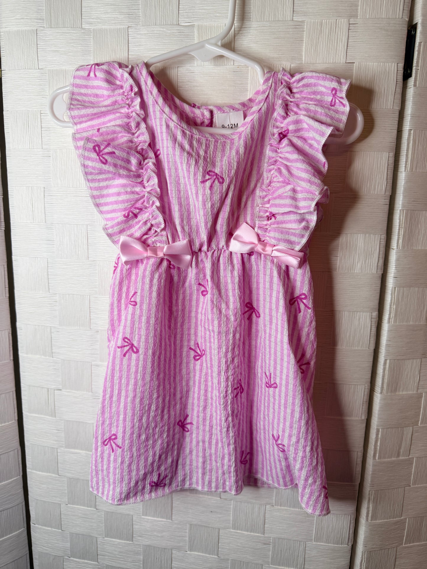 9-12M Pink and white stripped with bows dress