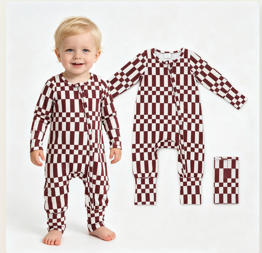 Everyday Wear PREORDER Maroon Checked Two Way Zip Romper