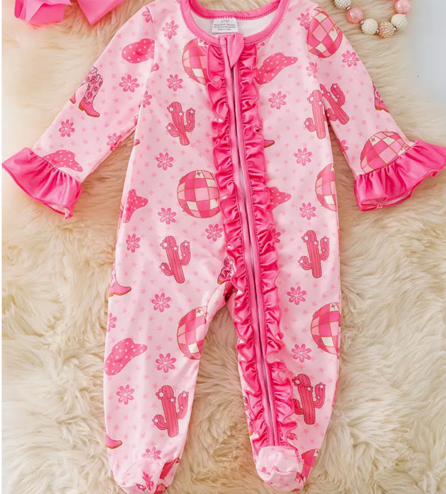 PREORDER pink western disco printed baby bodysuit