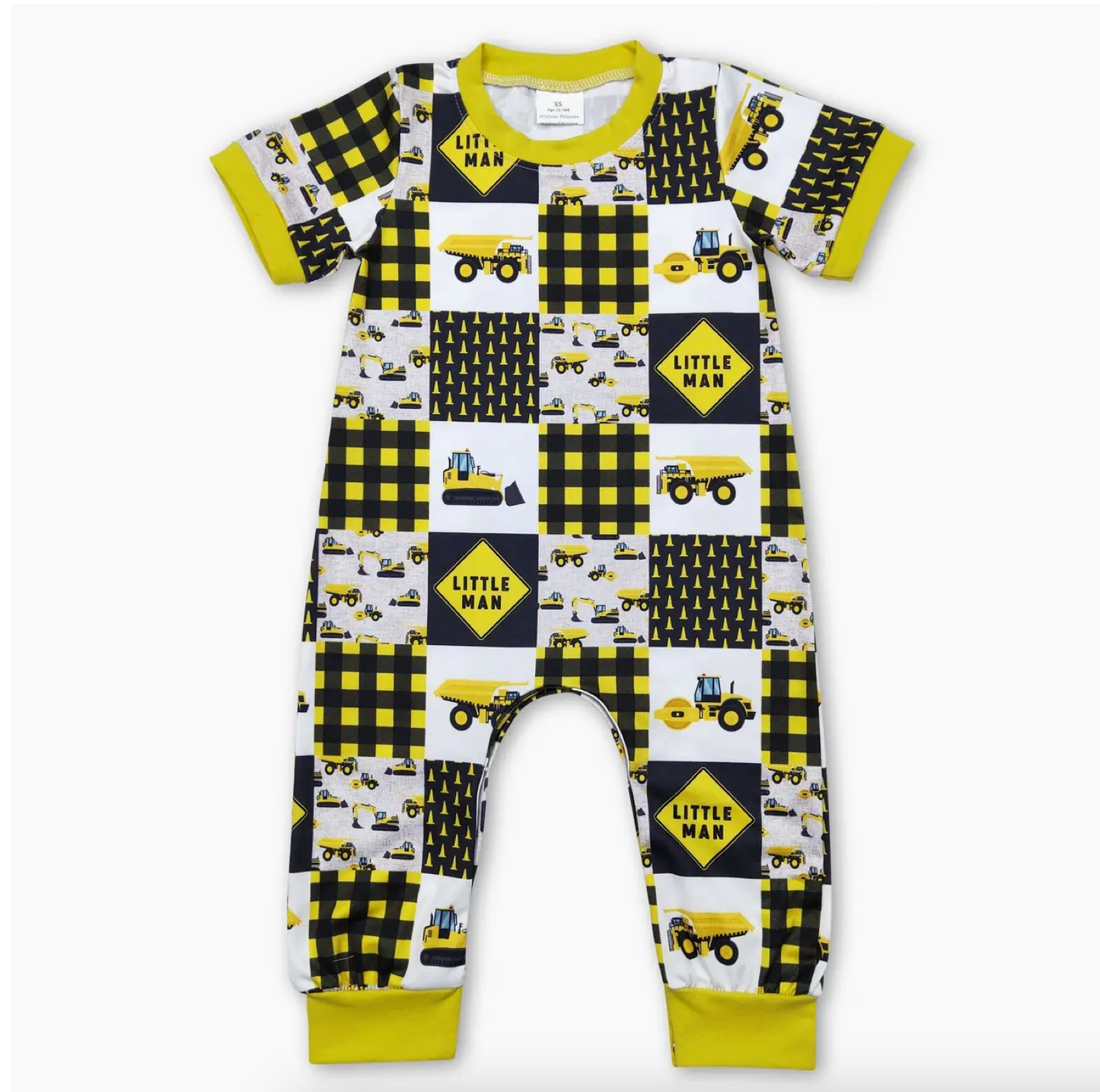 PREORDER yellow constructions little man plaid baby boy romper